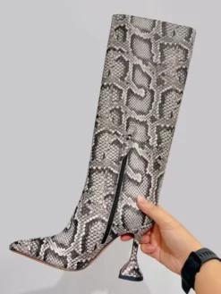 Bottes à talons hauts pour femmes motif serpent jaune bout pointu talon mi-mollet