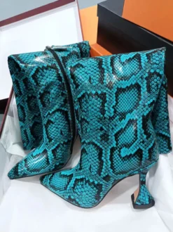 Bottes à talons hauts pour femmes motif serpent jaune bout pointu talon mi-mollet