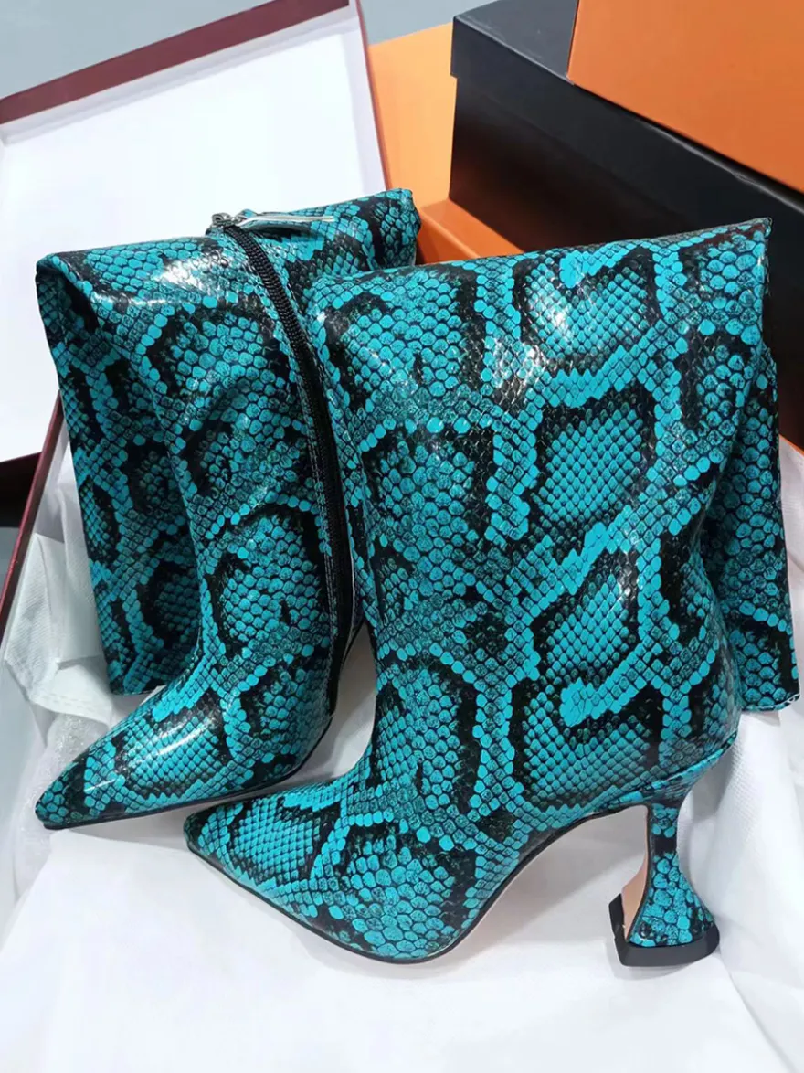 Bottes à talons hauts pour femmes motif serpent jaune bout pointu talon mi-mollet