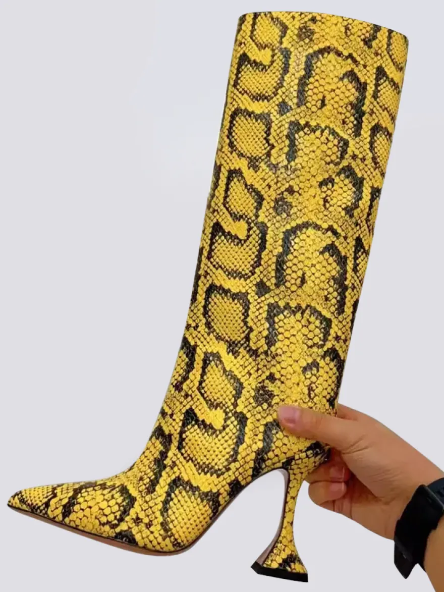 Bottes à talons hauts pour femmes motif serpent jaune bout pointu talon mi-mollet