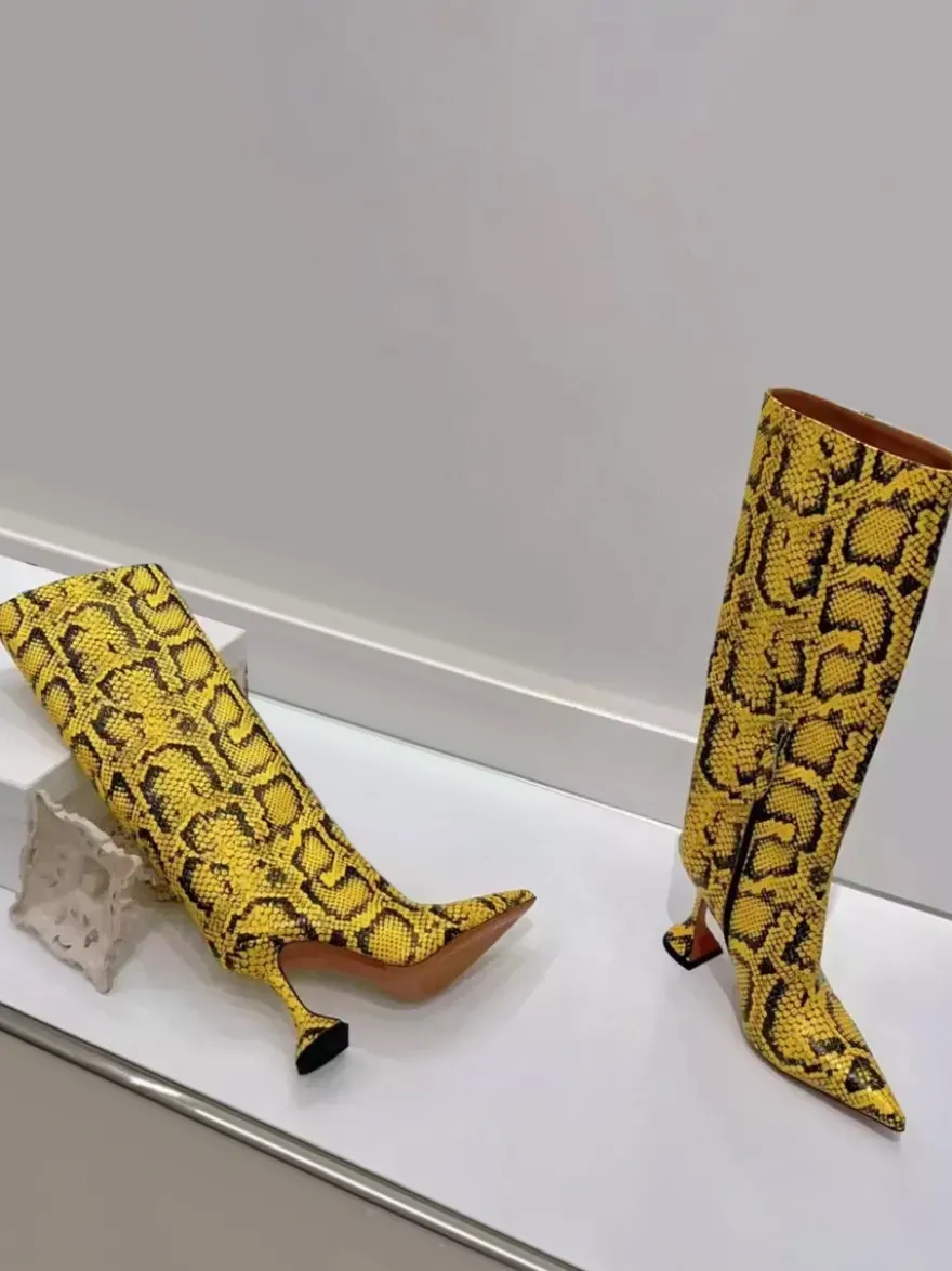 Bottes à talons hauts pour femmes motif serpent jaune bout pointu talon mi-mollet