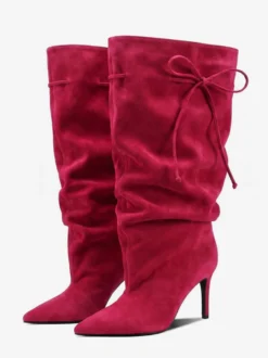 Bottes à talons hauts pour femmes en daim bout pointu nœud mi-mollet souple