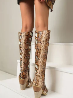 Bottes western pour femmes Bottes au genou en peau de serpent Talon bloc Bottes de cow-girl roses