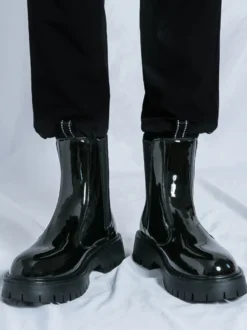 Bottines Chelsea à plateforme pour homme bout rond semelle épaisse en cuir verni brillant à enfiler