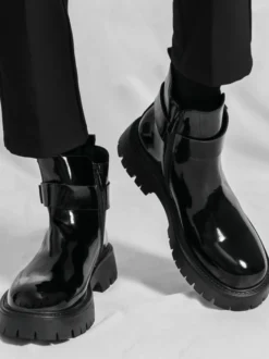 Bottines Chelsea à plateforme pour homme en cuir brillant semelle épaisse et élastique