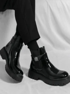 Bottines Chelsea à plateforme pour homme en cuir brillant semelle épaisse et élastique