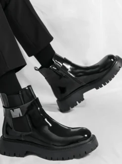 Bottines Chelsea à plateforme pour homme en cuir brillant semelle épaisse et élastique