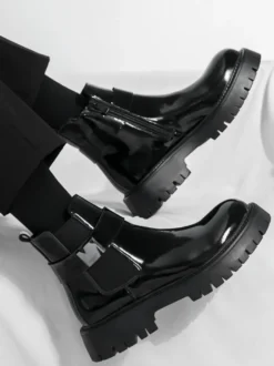 Bottines Chelsea à plateforme pour homme en cuir brillant semelle épaisse et élastique