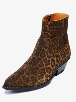 Bottines Chelsea pour hommes en cuir avec poils de poney et motif léopard et bottes à talon avec fermeture éclair latérale