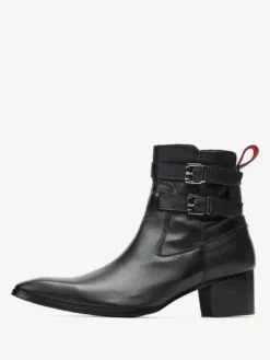 Bottines Chelsea pour hommes en cuir de vache noir à bout pointu et boucle pour bal de promo