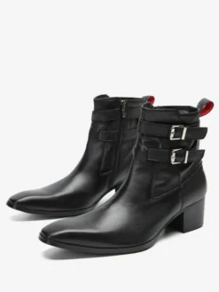 Bottines Chelsea pour hommes en cuir de vache noir à bout pointu et boucle pour bal de promo