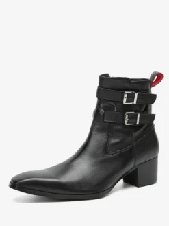 Bottines Chelsea pour hommes en cuir de vache noir à bout pointu et boucle pour bal de promo
