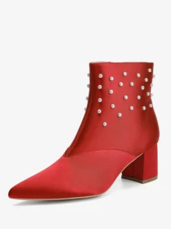 Bottines de mariage en satin à bout pointu et talons épais avec perles