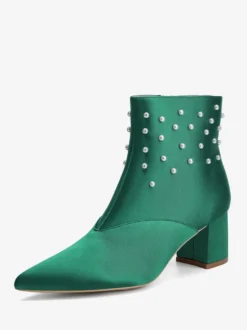 Bottines de mariage en satin à bout pointu et talons épais avec perles