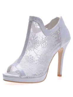 Bottines de mariée bout ouvert talon haut en dentelle blanche Chaussures de mariée