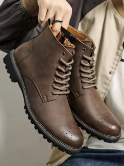 Bottines marron pour homme bout rond lacets style décontracté