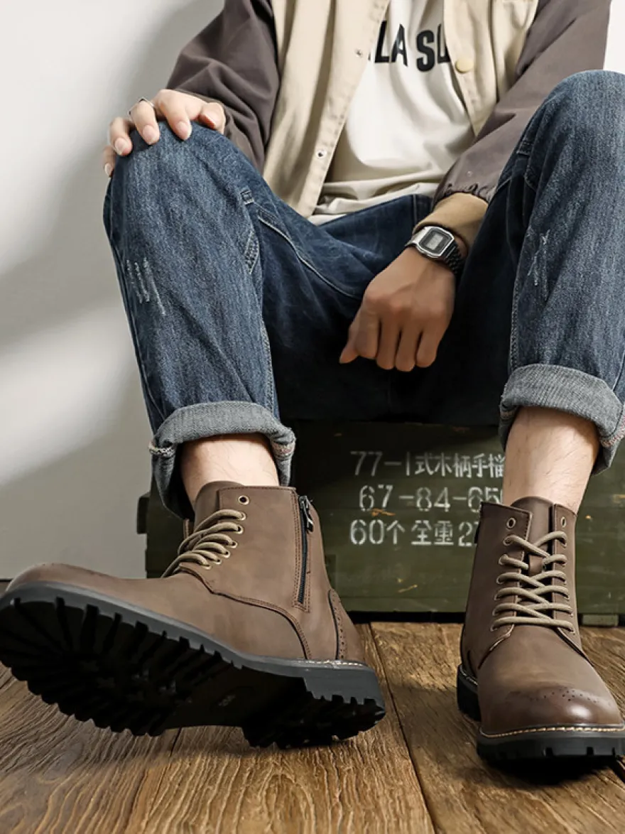 Bottines marron pour homme bout rond lacets style décontracté