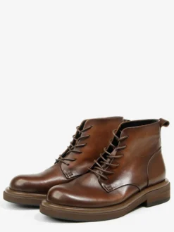 Bottines marron pour homme en cuir véritable bout rond à lacets