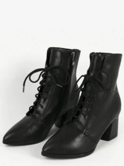 Bottines noires à bout pointu et à lacets pour femmes à talons épais