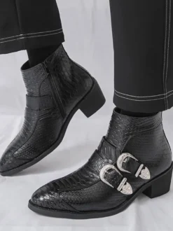 Bottines noires à bout pointu motif serpent et boucle