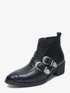 Bottines noires à bout pointu motif serpent et boucle