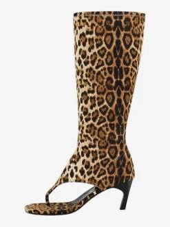 Bottines noires mi-mollet à bout ouvert et talon chaton style tong pour femmes
