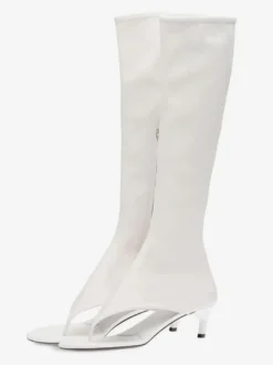 Bottines noires mi-mollet à bout ouvert et talon chaton style tong pour femmes