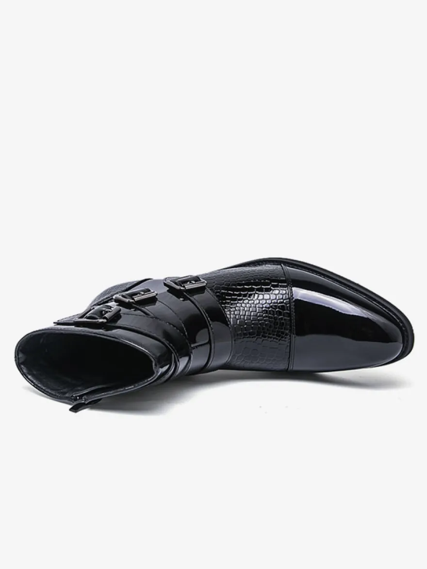 Bottines noires pour homme bout rond boucle et fermeture éclair