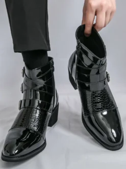Bottines noires pour homme bout rond boucle et fermeture éclair
