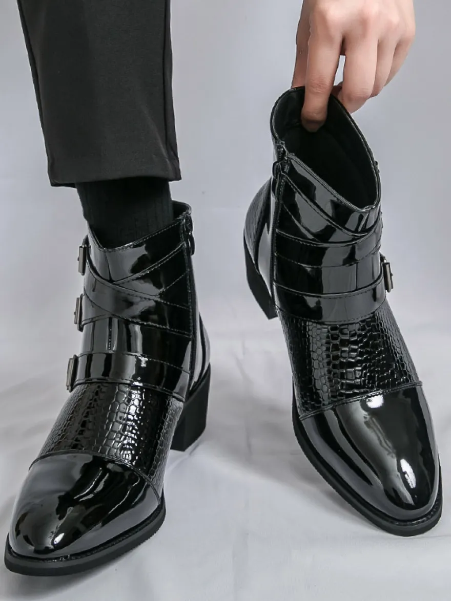 Bottines noires pour homme bout rond boucle et fermeture éclair