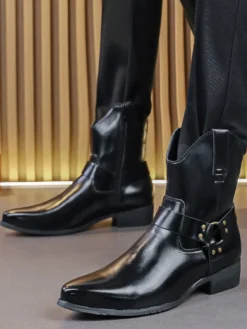 Bottines noires pour homme bout pointu fermeture éclair et boucle