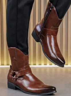 Bottines noires pour homme bout pointu fermeture éclair et boucle