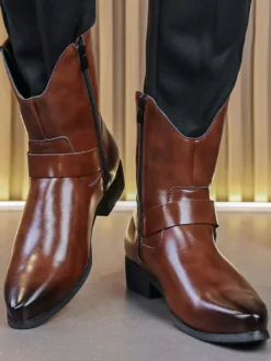 Bottines noires pour homme bout pointu fermeture éclair et boucle