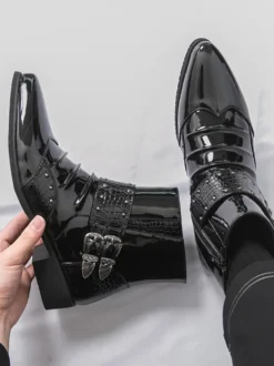 Bottines noires pour homme bout pointu fermeture éclair et boucle