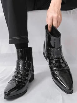 Bottines noires pour homme bout pointu fermeture éclair et boucle