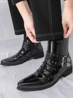 Bottines noires pour homme bout pointu fermeture éclair et boucle