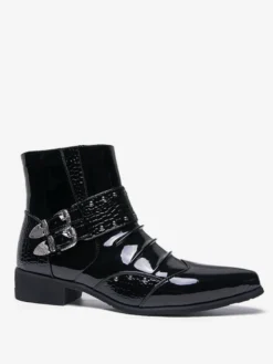 Bottines noires pour homme bout pointu fermeture éclair et boucle