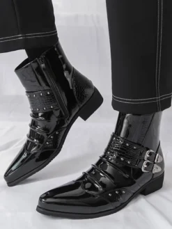 Bottines noires pour homme bout pointu fermeture éclair et boucle