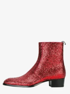Bottines à paillettes en cuir véritable bout rond talon épais