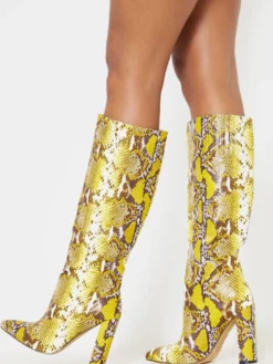 Bottines pour femmes bout pointu talon épais bottes au genou en cuir PU jaune