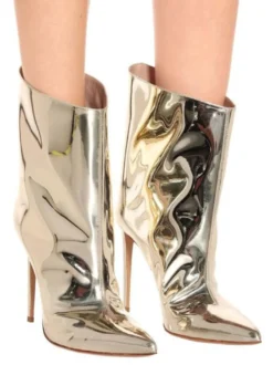 Bottines pour femmes en cuir or clair bout pointu cuir brillant talon aiguille bottes à talons hauts