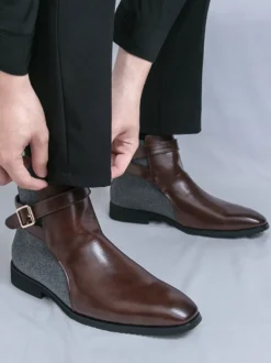 Bottines pour homme marron à bout rond et boucle