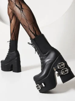 Bottines sans talons à bout rond en cuir PU avec détails métalliques pour femmes