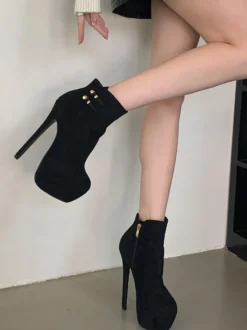 Bottines à talons hauts en daim plateforme bout ouvert fermeture éclair