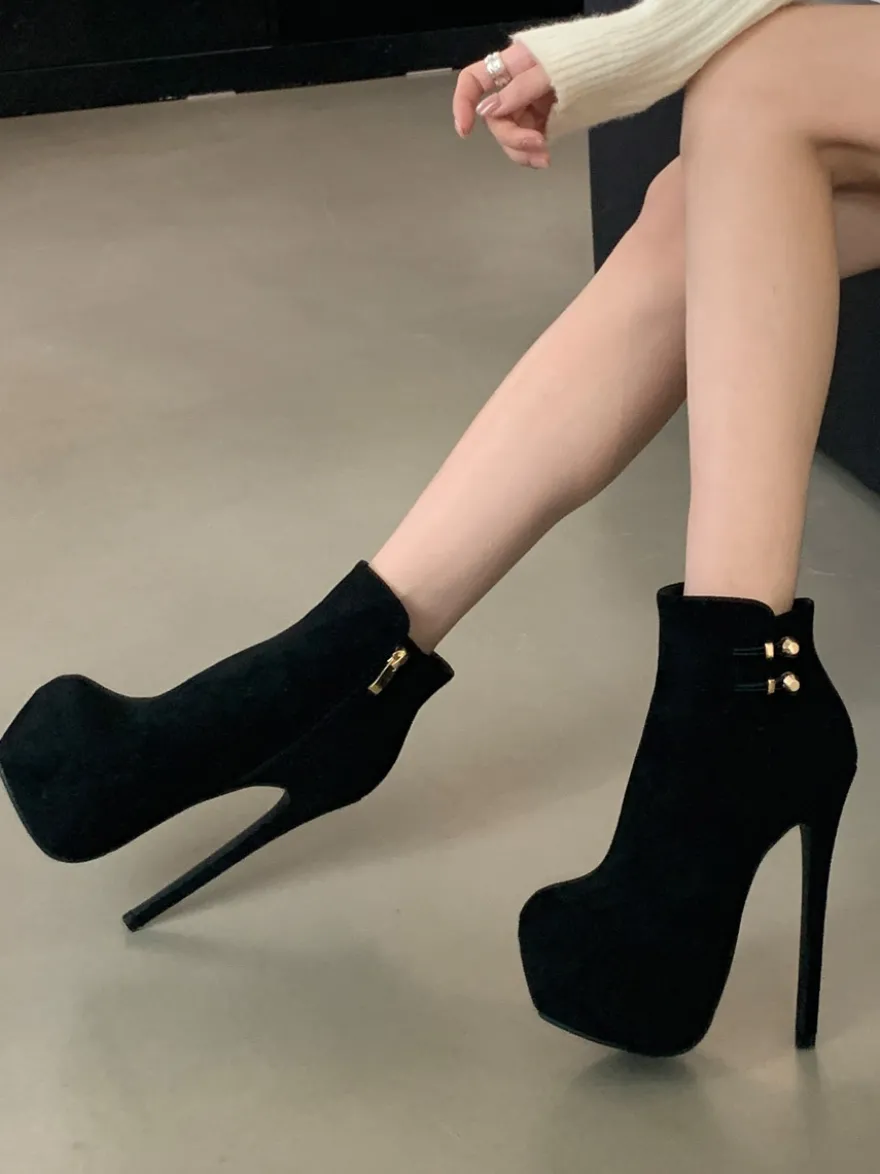 Bottines à talons hauts en daim plateforme bout ouvert fermeture éclair
