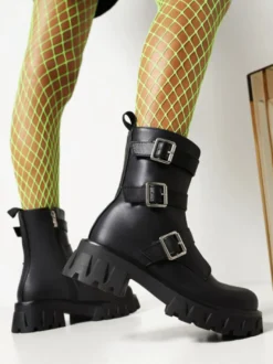 Bottines à talons épais et bout rond avec détails en métal pour femmes