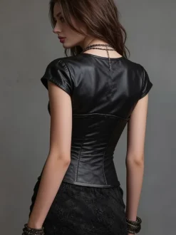 Bustier à manches courtes en similicuir corset fermeture éclair sur le devant taille cintrée débardeur