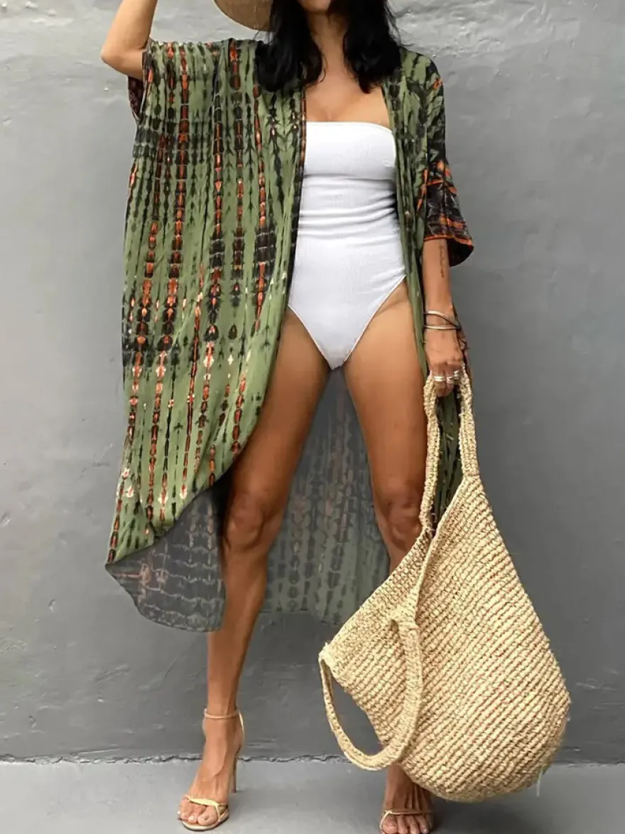 Cache-maillot maxi oversize à volants et manches longues tie-dye manches chauve-souris vert décontracté maillot de bain d'été pour la plage