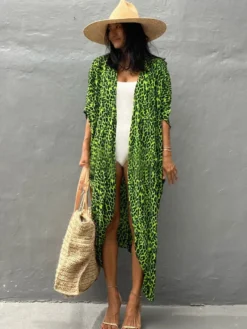 Cache-maillot maxi oversize à volants et manches longues tie-dye manches chauve-souris vert décontracté maillot de bain d'été pour la plage