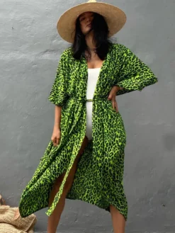 Cache-maillot maxi oversize à volants et manches longues tie-dye manches chauve-souris vert décontracté maillot de bain d'été pour la plage